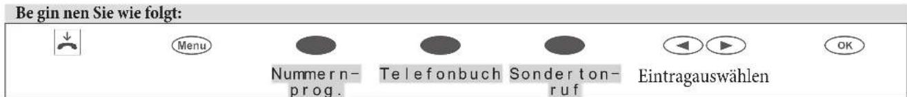 Be gin nen Sie wie folgt: Menu Nummern- prog. Telefonbuch Sonderton- ruf Eintragauswählen OK