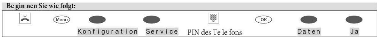 Be gin nen Sie wie folgt: Menu Konfiguration Service PIN des Tele fons OK Daten Ja