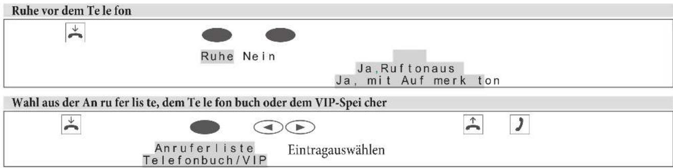 Ruhe vor dem Te le fon Ruhe Nein Ja, Ruftonaus Ja, mit Auf merk ton Wahl aus der An ru fer lis te, dem Te le fon buch oder dem VIP-Spei cher Anruferliste Telefonbuch/VIP Eintragauswählen