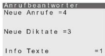 Anrufbeantworter Neue Anrufe =4 Neue Diktate =3 Info Texte =1