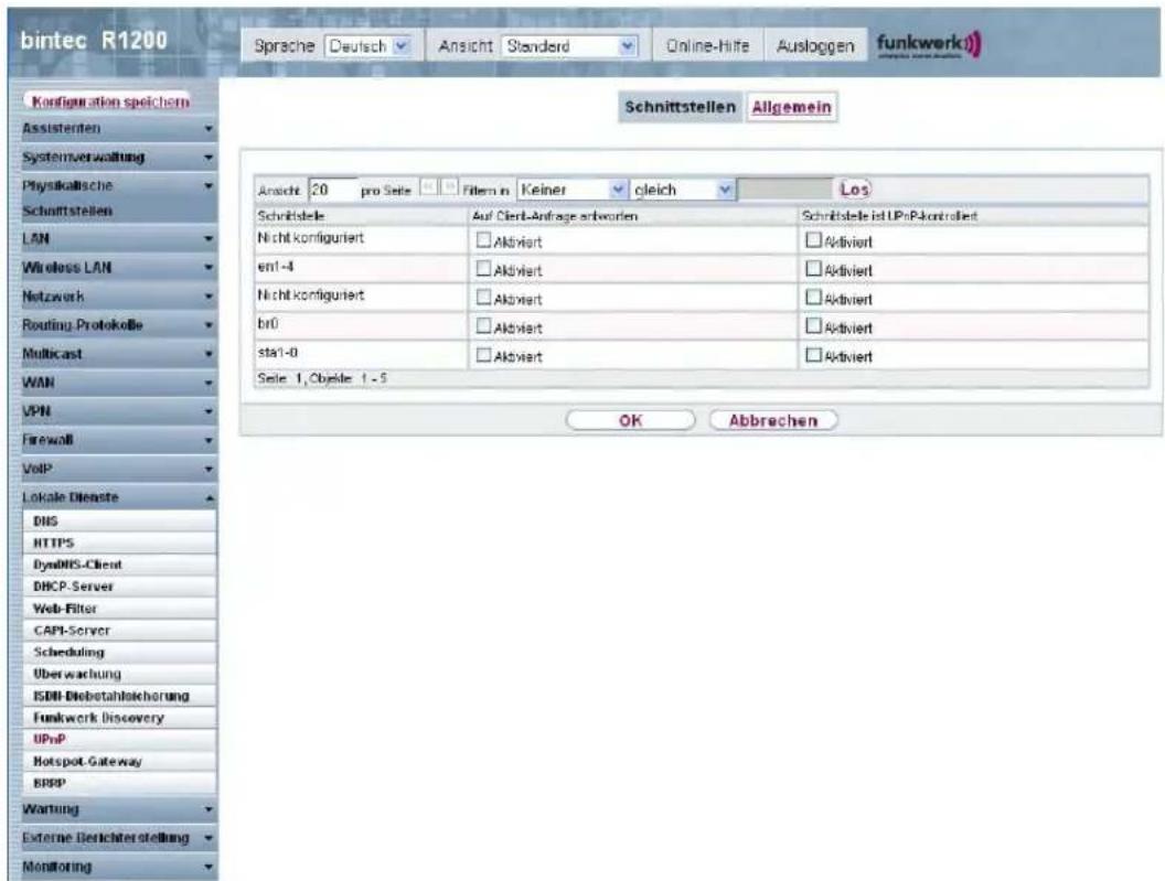 bintec R1200 Sprache Deutsch Ansicht Standard Online-Hilfe Ausloggen funkwerk) Konfiguration speichern Assisteren Systemverwaltung Physikalische Schnittstellen LAN Wireless LAN Netzwerk Routing Protokolle Multicast WAN VPN Firewall VoIP Lokale Dienste DNS HTTPS DynMIS-Client DHCP-Server Web-Filter CAPI-Server Scheduling Überwachung ISDI Blebstahlreichierung Funkwerk Discovery UPnP Hotspot-Gateway BPPP Wartung Externe Berichterstellung Monitoring Schnittstellen Allgemein Ansicht 20 pro Seite Fillem in Keiner gleich Los Schnittstelle Auf Client-Anfrage anworfen Schnittstelle ist UPnP-kontrolliert Nicht konliguriert Aktiviert Aktiviert en1-4 Aktiviert Aktiviert Nicht konliguriert Aktiviert Aktiviert br0 Aktiviert Aktiviert sta1-0 Aktiviert Aktiviert Seite 1 Objekte 1 - 5 OK Abbrechen