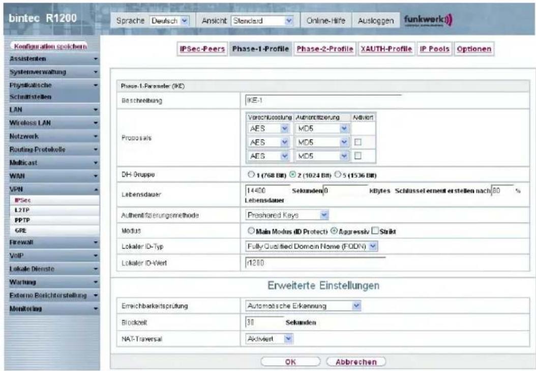 bintec R1200 Sprache Deutsch Ansicht Standard Online-Hife Ausloggen funkwerk IPSec-Peers Phase-1-Profile Phase-2-Profile XAUTH-Profile IP Pools Optionen Configuration spokchern Assistenten Systemverwaltung Physikatische Schnattstellen LAN Wireless LAN Netzwerk Routing-Protokolle Multicast WAN VPN IPSec L2TP PPTP GPE Firewall VoIP Lokale Dienste Wartung External Berichterstellung Monitoring Phase-1-Parameter (KE) Beschreibung |KE-1 Proposals Verechnungsung Authentizierung Aktiviert AES MD5 AES MD5 AES MD5 DH-Gruppe 1 (768 Bit) 2 (1024 Bit) 5 (1536 Bit) Lebensdauer 14400 Sekunden 0 kBytes Schlussel erneut erstellen nach 80 % Lebensdauer Authentifizierungsmethode Prashored Keys Modus Main Modus ID Protect Aggressiv Strikt Lokaler ID-Typ Fully Qualified Domain Name (FODN) Lokaler ID-Viert r1200 Erweiterte Einstellungen Erreichbarkeitsprüfung Automatische Erkennung Blockzeit 30 Sekunden NAT-Traversal Aktiviert OK Abbrechen