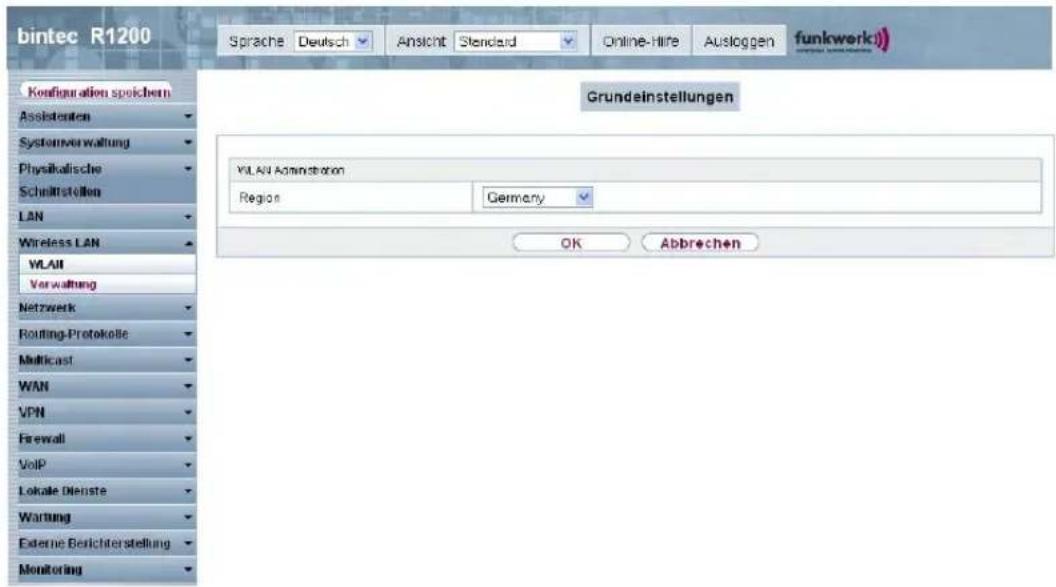 bintec R1200 Sprache Deutsch Ansicht Standard Online-Hire Ausloggen funkwerk) Configuration speichem Assistenten Systemverwaltung Physikalische Schmittstellen LAN Wireless LAN WLAII Verwaltung Netzwerk Routing-Protokolle Multicast WAN VPN Firewall VoIP Lokale Dienste Wartung Externe Berichterstellung Monitoring Grundeinstellungen VLAN Administration Region Germany OK Abbrechen