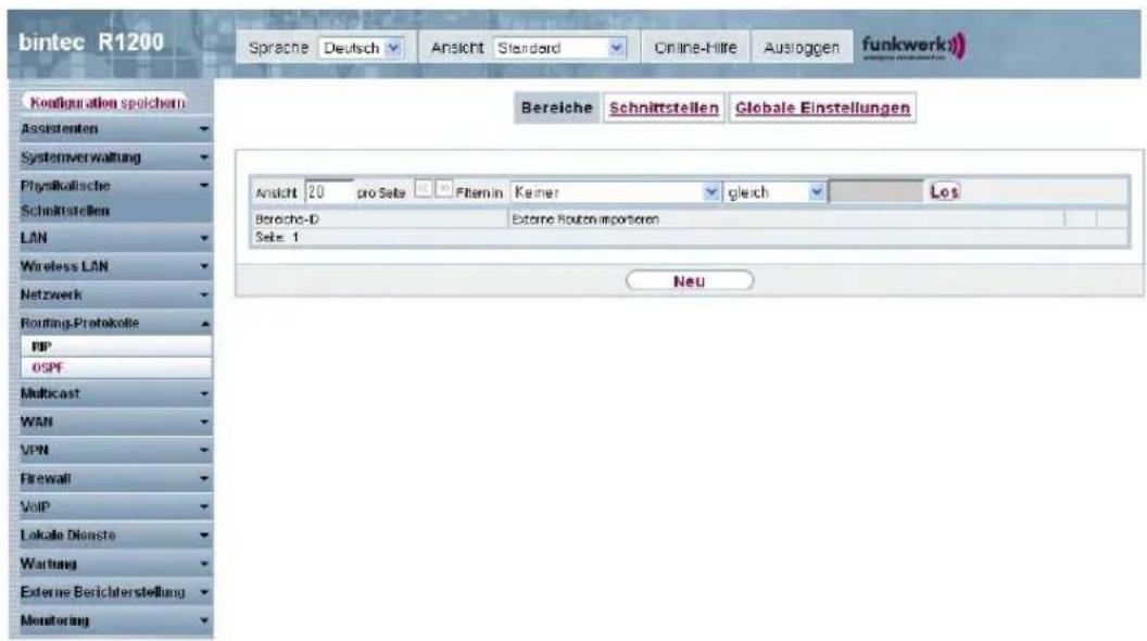 bintec R1200 Sprache Deutsch Ansicht Standard Online-Hilte Ausloggen funkwerk) Konzugulation spolchem Assistenten Systemverwaltung Physikollische Schnittstellen LAN Wireless LAN Netzwerk Routing-Protokolle BIP OSPF Multicast WAN VPN Firewall VoIP Lokale Dienste Wartung Externe Berichterstellung Monitoring Bereiche Schnittstellen Globale Einstellungen Ansicht 20 pro Seite Ftern in Keiner gleich Los Beroche-D Externe Routen importaren Sele 1 Neu
