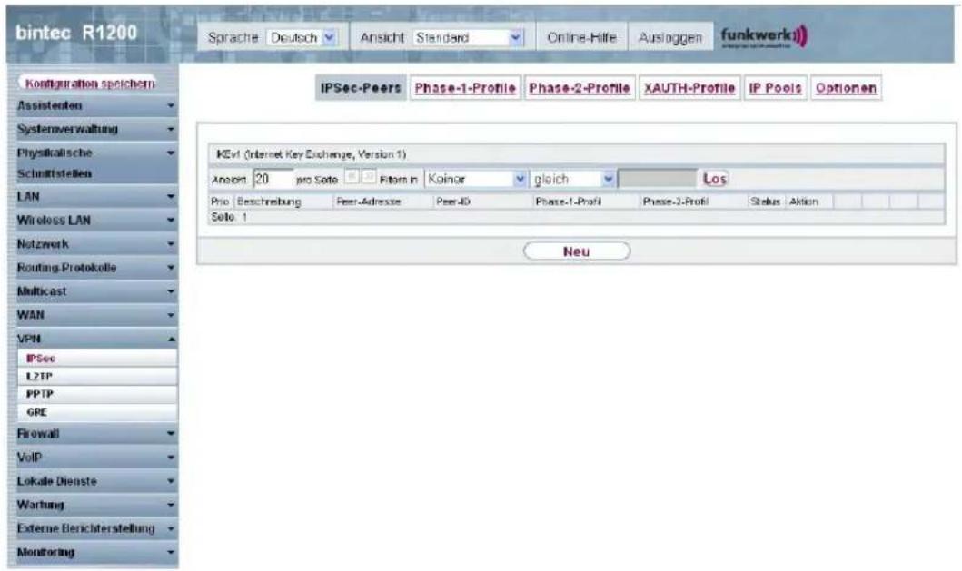 bintec R1200 Sprache Deutsch Ansicht Standard Online-Hilfe Ausloggen funkwerk) Configuration spichern Assistenten Systemverwaltung Physicalische Schnittstellen LAN Wireless LAN Netzwerk Routing Protokolle Multicast WAN VPM IPSec LZTP PPTP GRE Firewall VoIP Lokale Dienste Wartung Externe Berichterstellung Monitoring IPSec-Peers Phase-1-Profile Phase-2-Profile XAUTH-Profile IP Pools Optionen KEVI (Internet Key Exchange, Version 1) Anzahl 20 pro Siete Fitors in Koinar gleich Los Prio Beschreibung Peer-Adresse Peer-ID Phase-1-Profil Phase-2-Profil Status Aktion Neu