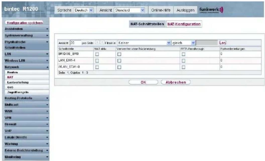 bintec R1200 Sprache Deutsch Ansicht Standard Online-Hife Ausloggen funkwerk) Configuration spolchen Assistenten Systemverwaltung Physiklatische Schnittstellen LAN Wireless LAN Netzwerk Routen BAT Lastverteilung Oos Zugriffsergebn Routing Protokolle Multicast WAN VPN Firewall VoIP Lokale Dienste Wartung Externe Berichterstellung Monitoring NAT-Schnittstellen NAT-Konfiguration Ansicht 20 pro Sets Filter in Kaiser gleich Los Schnittstelle NAT aktiv Verwerfen ohne Rückmeldung PFTP-Passthrough Portweiterleistungen BRIDGE_BR0 □ □ □ 0 LAN_EN1-4 □ □ □ 0 WLAN_STA1-0 □ □ □ 0 Seite 1, Objekte: 1 - 3 OK Abbrechen