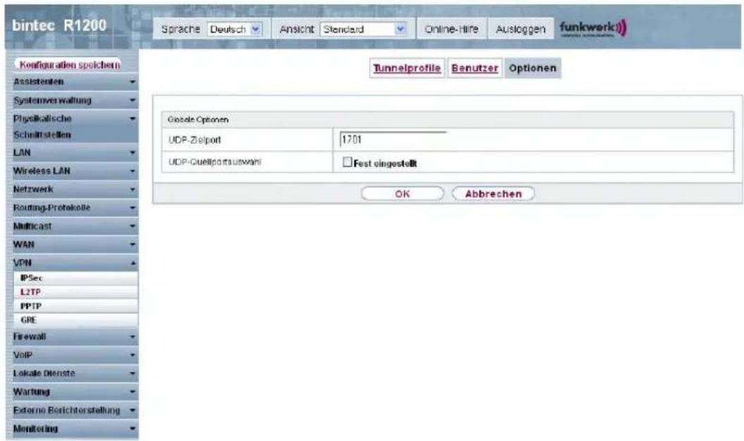 bintec R1200 Sprache Deutsch Ansicht Standard Online-Hire Ausloggen funkwerk) Tunnelprofile Benutzer Optionen Globale Optionen UDP-Zielport 1701 UDP-Quelliportauswani Fest eingestellt OK Abbrechen Konfiguration spoichem Assistenten Systemverwaltung Physikalische Schmittstellen LAN Wireless LAN Netzwerk Routing-Protokolle Multicast WAN VPN IPSec L2TP PPTP GRE Firewall VoIP Lokale Dienste Wartung Externe Berichterstellung Monitoring