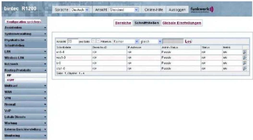 bintec R1200 Sprache Deutsch Ansicht Standard Online-Hilfe Ausloggen funkwerk Konfiguration speichern Assistenten Systemverwaltung Physikatische Schnittstellen LAN Wireless LAN Netzwerk Routing Protokollo PIP OSPF Multicast WAN VPN Firewall VoIP Lokale Dienste Wartung Extreme Berichterstellung Monitoring Bereiche Schnittstellen Globale Einstellungen Ansicht 20 pro Siete Form in Kainer gleich Los Schnittsteile Bereiche ID P-Adresse Admin-Status Status Meink en1-4 n/x n/x Passiv n/x n/x vss1-0 n/x n/x Passiv n/x n/x br0 n/x n/x Passiv n/x n/x stol-0 n/x n/x Passiv n/x n/x Seite 1, Objekte 1 - 4