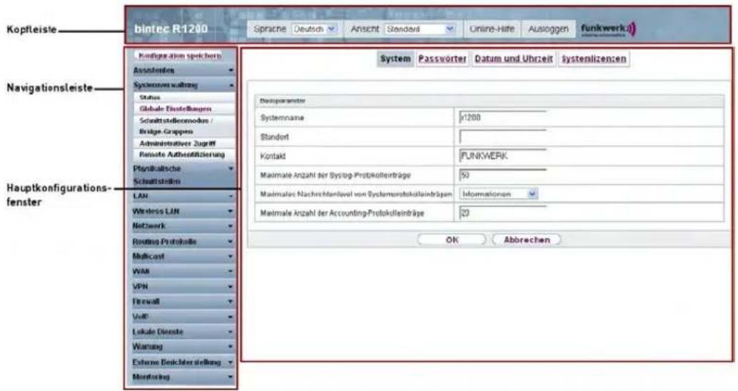 Kopfleiste bintec R1200 Sprache Deutsch Ansicht Standard Online-Halte Ausloggen funkwerk3.1 Configura um speichens Assisterten Systemoverwaltung Status Global Einstellungen Schmittstdienmodus / Bridge-Gruppen Administrativer Zugriff Remote Authenstilizierung Physikische Schnittstellen LAN Wireless LAN Netzwerk Routing Protokolle Multicast WAN VPN Firewall VulF Lokale Dienste Waltung Extreme Beichlerstellung Monitoring System Passwörter Datum und Uhrzeit systemlizenzen Deuteparameter Systemname $1200 Standort Kontakt FUNKWERK Maximale Anzahl der Syslog-Protokolleinträge 50 Maximale Nachrichtenlevel von Systemorstokolleinträgen Informationen Maximale Anzahl der Accounting-Protokolleinträge 20 OK Abbrechen Havigationsleiste Hauptkonfigurations- fenster