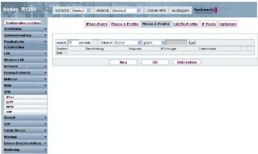 bintec R1200 Sprache Deutsch Ansicht Standard Online-Hire Ausloggen funkwerk) Configuration spiechen Assistenten Systemverwaltung Physikalische Schmittstellen LAN Wireless LAN Netzwerk Routing-Protokolle Multicast WAN VPN IPSec L2TP PPTP GRE Firewall VoIP Lokale Dienste Wartung Externe Berichtorstellung Monitoring IPSec-Peers Phase-1-Profile Phase-2-Profile XAUTH-Profile IP Pools Optionen Ansicht 20 pro Seta Film in Kaiser gleich Los Standard Beschreibung Proposals PFS-Gruppe Lebensdauer Sela: 1 Neu OK Abbrechen