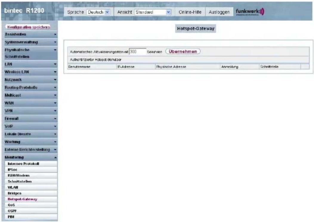 bintec R1200 Sprache Deutsch Ansicht Standard Online-Hilfe Ausloggen funkwerk) Configuration speichem Assistenten Systemverwaltung Physikalische Schmittstellen LAN Wireless LAN Netzwerk Routing-Protokolle Multicast WAN VPN Firewall VoIP Lokale Dienste Wartung Externe Eerichterstellung Monitoring Internes Protokoll IPsec ISDN-Modem Schmittstellen VLAH Bridges Hotspot-Gateway QoS OSPF PIM Hotspot-Gateway Automatische Aktualisierungstervall 300 Sondere Übernehmen Authentifizierter Hotspot-Benutzer Benutznahme IP-Adresse Physische Adresse Anneidung Schriftsteile