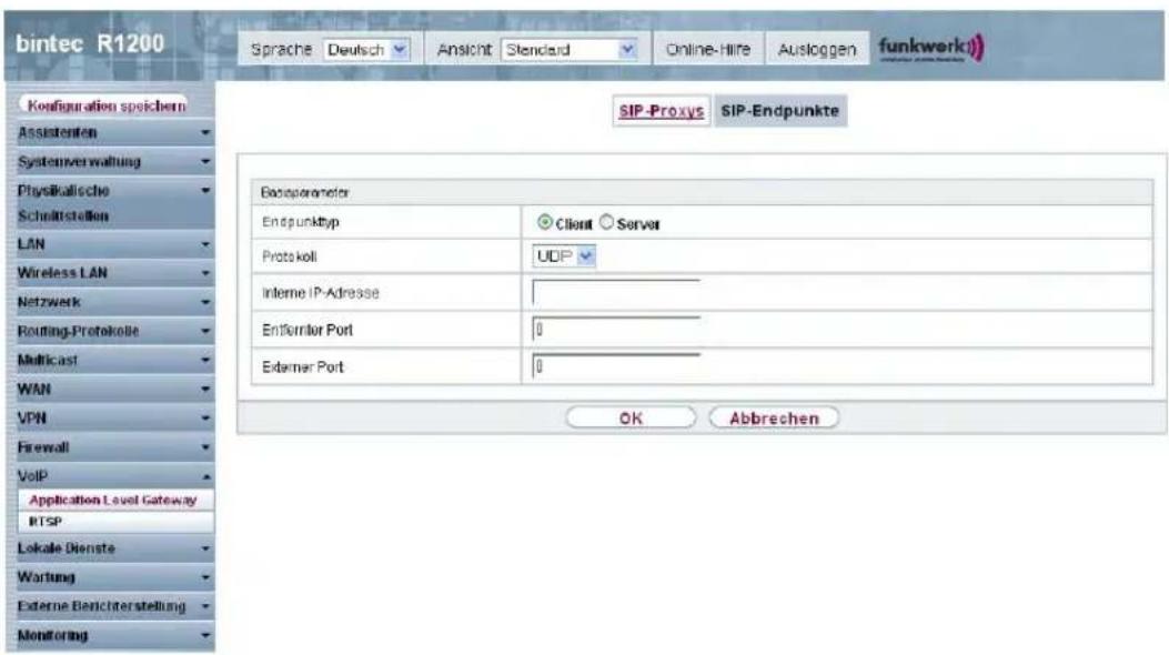bintec R1200 Sprache Deutsch Ansicht Standard Online-Hire Ausloggen funkwerk) Configuration speichern Assistenten Systemverwaltung Physikalische Schneitstellen LAN Wireless LAN Netzwerk Routing-Protokolle Multicast WAN VPN Firewall VoIP Application Level Gateway RTSP Lokale Dienste Wartung Externe Benchterstellung Monitoring SIP-Proxys SIP-Endpunkte Bancoparameter Endpunktyp Client Server Protokoll UDP Interne IP-Adresse Entferntor Port 0 Externer Port 0 OK Abbrevchen