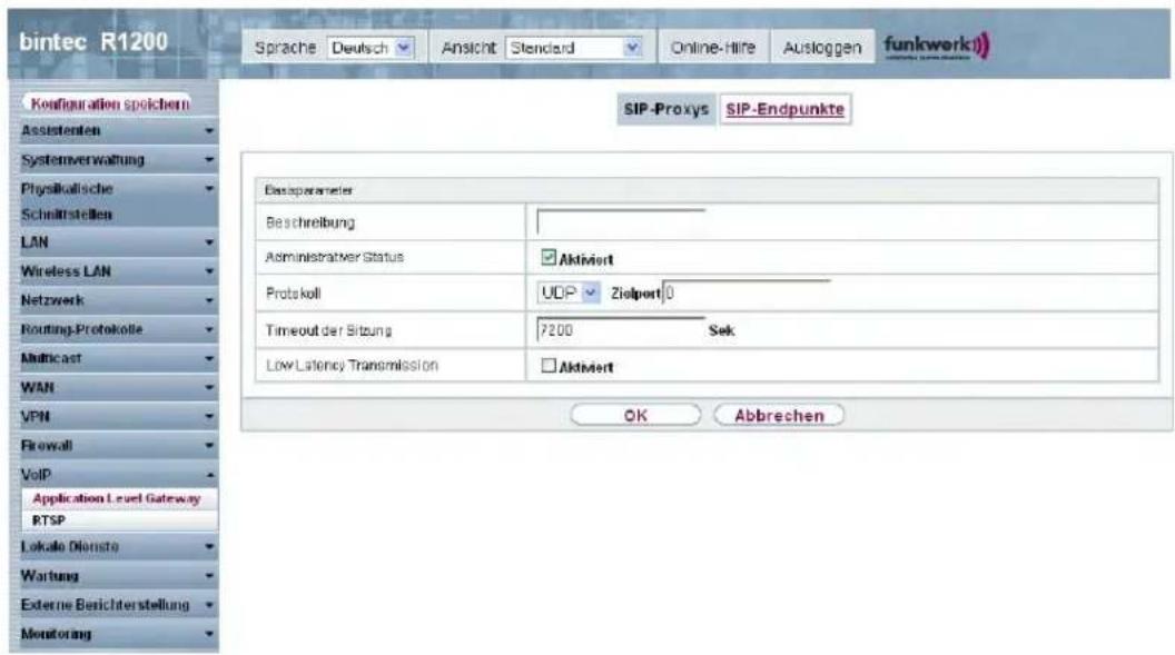bintec R1200 Sprache Deutsch Ansicht Standard Online-Hire Ausloggen funkwerk) Configuration spichern Assistenten Systemverwaltung Physikalische Schmittstellen LAN Wireless LAN Netzwerk Routing-Protokolle Multicast WAN VPN Firewall VoIP Application Level Gateway RTSP Lokale Dienste Wartung Externe Berichterstellung Monitoring SIP-Proxys SIP-Endpunkte Bestparameters Beschreibung Administrativer Status Aktiviert Protokoll UDP Zielport 0 Timeout der Sitzung 7200 Sek Low Latency Transmission Aktiviert OK Abbrevchen