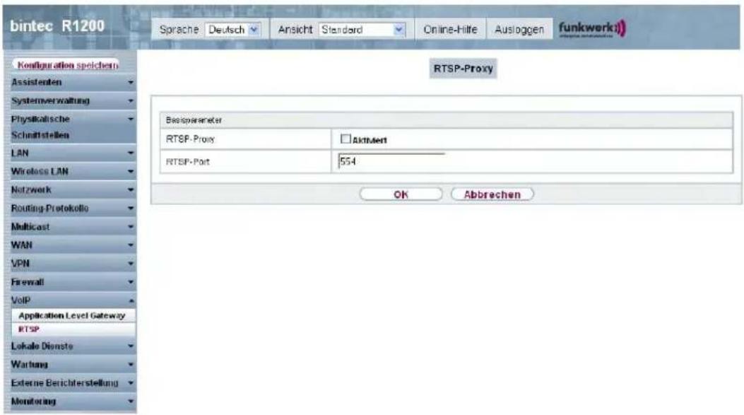 bintec R1200 Sprache Deutsch Ansicht Standard Online-Hilte Ausloggen funkwerk) Configuration speichens Assistenten Systemverwaltung Physikalische Schnittstellen LAN Wireless LAN Netzwerk Routing Protokollo Multicast WAN VPN Firewall VoIP Application Level Gateway RTSP Lokale Dienste Warburg Externe Berichterstellung Monitoring RTSP-Proxy Beisiparameter RTSP-Proxy AktlMert RTSP-Port 554 OK Abbrechen