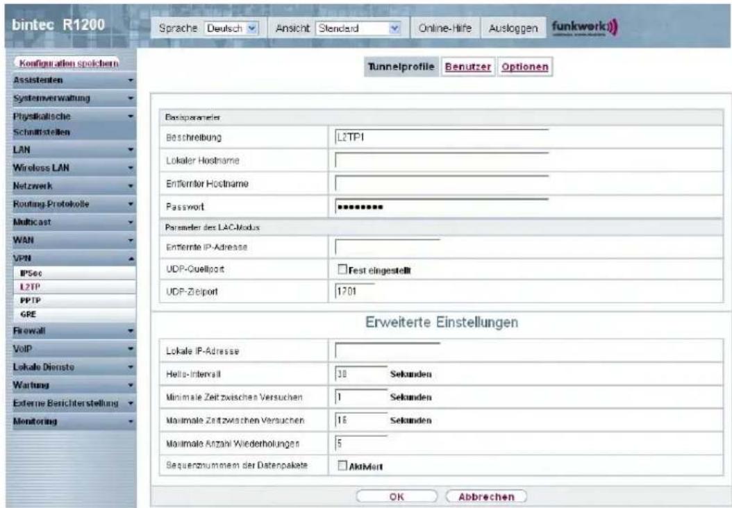 bintec R1200 Sprache Deutsch Ansicht Standard Online-Hife Ausloggen funkwerk Konfiguration speichern Assistenten Systemverwaltung Physikalische Schnittstellen LAN Wireless LAN Netzwerk Routing-Protokolle Multicast WAN VPN IPSec LZTP PPTP GRE Firewall VoIP Lokale Dienste Wartung Externe Bezichtenstellung Monitoring Tunnelprofile Benutzer Optionen Basisparameter Beschreibung L2TPI Lokaler Hostname Entferntor Hostname Password ********** Parameter des LAC-Modus Entiernte IP-Adresse UDP-Quellport □ Fest eingestellt UDP-Zielport 1701 Erweiterte Einstellungen Lokale IP-Adresse Hello-Interval 30 Sekunden Minimale Zeit zwischen Versuchen 1 Sekunden Maximale Zeit zwischen Versuchen 16 Sekunden Maximale Anzahl Wiederholungen 5 Sequenzummen der Datenpakete □ Aktiviert OK Abbrechen