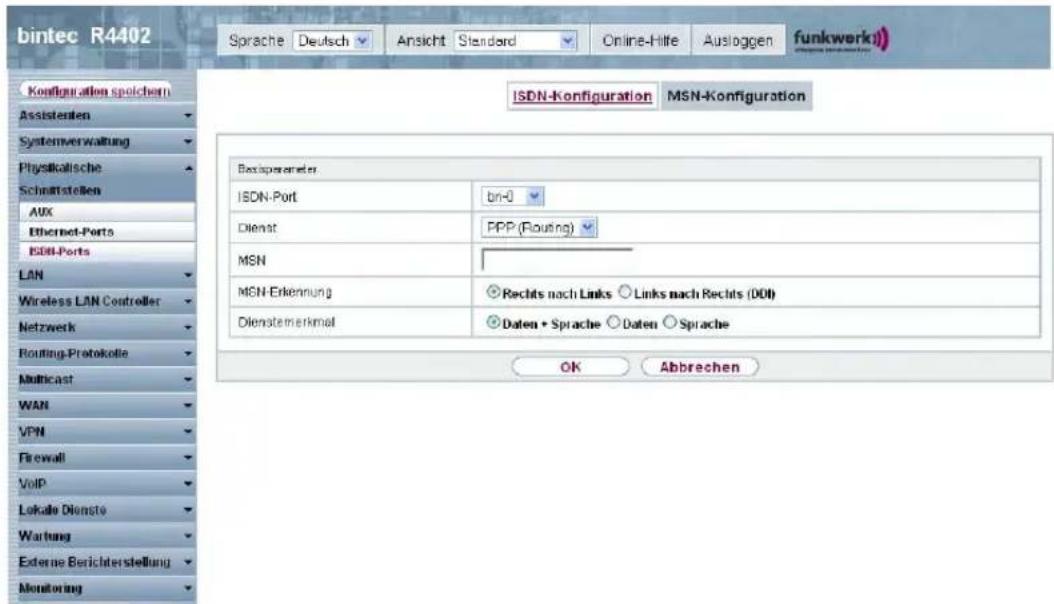 bintec R4402 Sprache Deutsch Ansicht Standard Online-Hilfe Ausloggen funkwerk ISDN-Konfiguration MSN-Konfiguration Bestapiereter ISDN-Port bn-0 Dienst PPP (Routing) MSN MSN-Erkennung Rechts nach Links Links nach Rechts (DOI) Dienstemerkmal Daten + Sprache Daten Sprache OK Abbaren