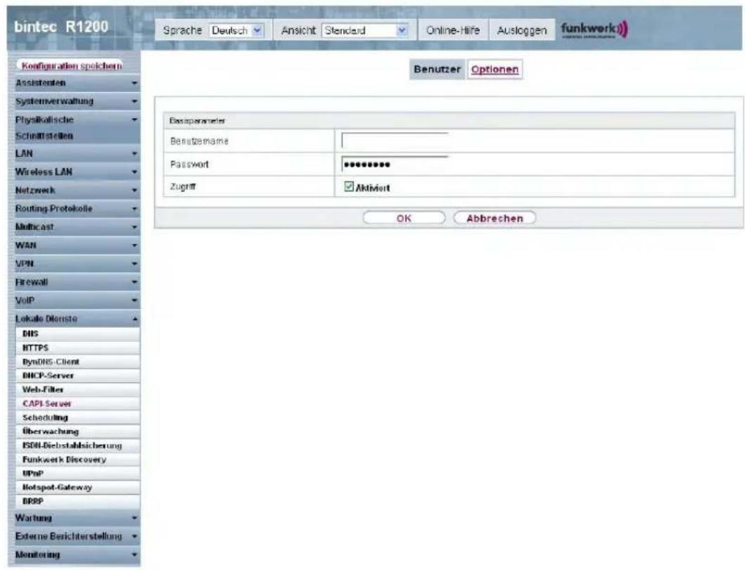 bintec R1200 Sprache Deutsch Ansicht Standard Online-Hife Ausloggen funkwerk) Configuration speichern Assistenten Systemverwaltung Physikalische Schnittstellen LAN Wireless LAN Netzwerk Routing Protokolle Multicast WAN VPN Firewall VoIP Lokale Dienste DNS HTTPS DynDNS-Client DHCP-Server Web-Filter CAPI Server Scheduling überwachung ISDN-Diebstahlsicherung Funkwerk Discovery UPnP Hotspot-Gateway DRPP Wartung Externe Berichterstellung Monitoring Benutzer Optionen Passperangeis Benutzname Password ********* Zugerrt Aktivort OK Abbrechen