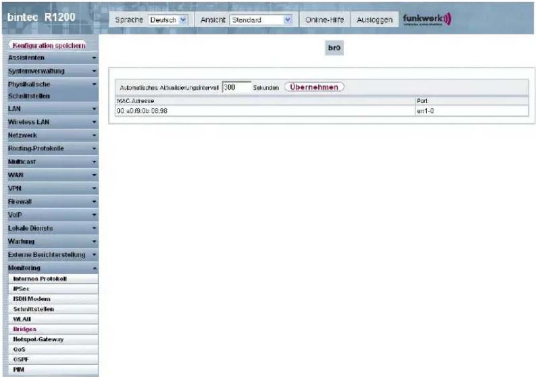 bintec R1200 Sprache Deutsch Ansicht Standard Online-Hire Ausloggen funkwerk) Configuration speichern Assistanten Systemverwaltung Physikalische Schlafristellen LAN Wireless LAN Netzwerk Routing-Protokolle Multicast WAN VPN Firewall VoIP Lokale Dienste Wartung Externe Berichterstellung Monitoring Interna Protokoll IPSec ISDN Modem Schnittstellen VLAH Bridges Hotspot-Gateway QoS OSPF PIM br0 Automatisches Aktualisierungshentfall 300 Sekunden Übernehmen MAC-Adresse Part 00.0019.00:08:98 an1-0