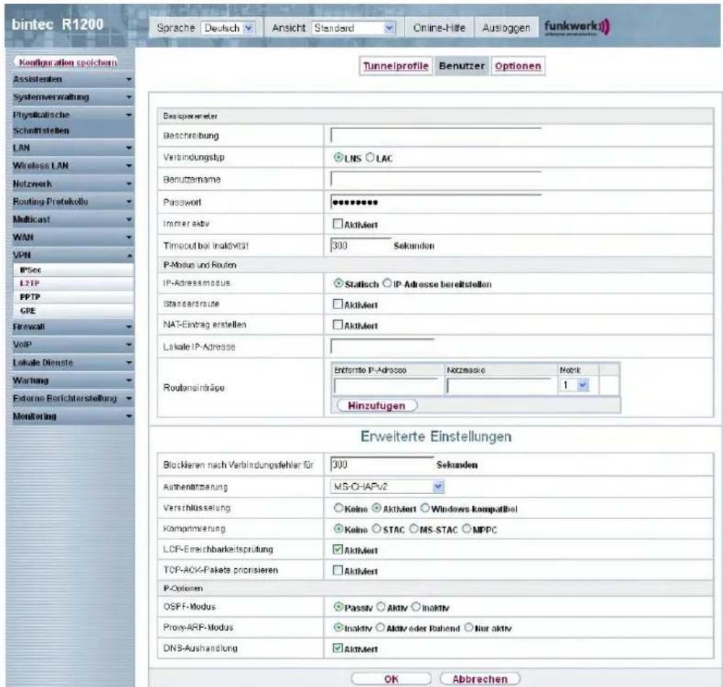 bintec R1200 Sprache | Deutsch | Ansicht | Standard | Online-Hilte | Ausloggen | funkwerk Tunnelprofile | Benutzer | Optionen Konzuguration spolichen Assistenten Systemverwaltung Physikatische Schnatstellen LAN Wireless LAN Network Routing Protokolle Multicast WAN VPN IPSee LZTP PPTP GRE Firewall VoIP Lokale Dienste Wartung External Berichterstellung Monitoring Tunnelprofile | Benutzer | Optionen Beizipowereter Beschreibung Verbindungstyp LNS LAC Benutznahme Password Immer aktiv Aktiviert Timeout bei inaktivität 300 Sekunden P-Modus und Routen IP-Adressmodus Statisch IP-Adresse bereitstellen Standardroute Aktiviert NAT-Eintrag erstellen Aktiviert Lokale IP-Adresse Routansinträge Entertete P-Adresse Notzinsolic Mark: 1 Hinzufügen Erweiterte Einstellungen Blockieren nach Verbindungsfehler für 300 Sekunden Authentanienung MS-CHAPv2 Verschlüsselung Keine Aktiviert Windows kompatibel Komprimierung Keine STAC MS-STAC MPPC LOF-Ereichbarkeitsprüfung Aktiviert TCP-ACK-Paketa prioritieren Aktiviert P-Optionen OSPF-Modus Passiv Aktiv Inaktiv Proxy-ARF-Modus Inaktiv Aktiv oder Rohend Nur aktiv DNS-Aushandlung Aktiviert OK Abbrechen