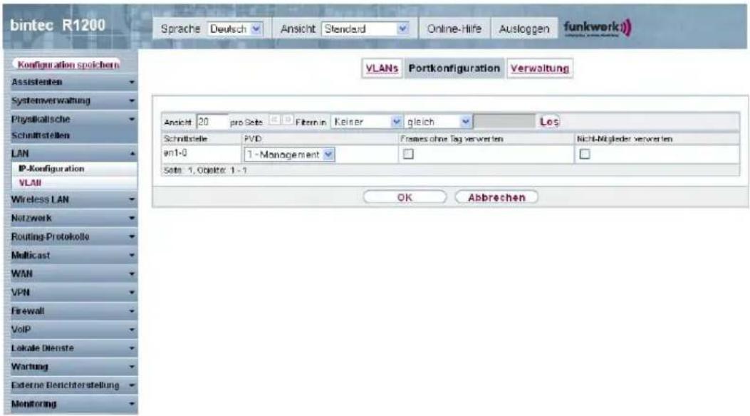 bintec R1200 Sprache Deutsch Ansicht Standard Online-Hife Ausloggen funkwerkii Configuration spolchern Assistenten Systemverwaltung Physikallsche Schnattstellen LAN IP-Konfiguration VLAN Wireless LAN Netzwerk Routing-Protokolle Multicast WAN VPN Firewall VoIP Lokale Dienste Wartung Externe Berichtorstellung Monitoring VLANs Portkonfiguration Verwaltung Ansicht 20 pro Seite Filtrin Keiner gleich Los Schnittskelle PVD Frames ohne Tag verwerben Nicht-Möglicher verwerben en1-0 1 - Management Sets 1, Objekte 1 - 1 OK Abbrechen