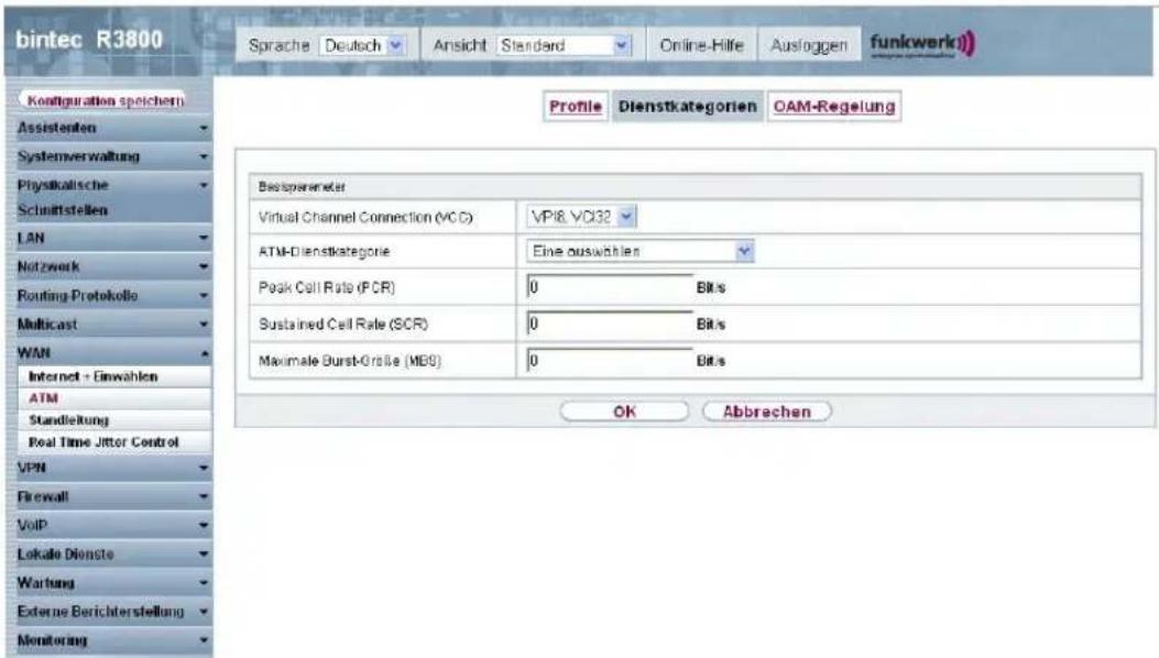 bintec R3800 Sprache Deutsch Ansicht Standard Online-Hilfe Ausfloggen funkwerk) Configuration speichern Assistenten Systemverwaltung Physikalische Schnittstellen LAN Notzwerk Routing Protocollo Multicast WAN Internet + Einwahlen ATM Standleitung Real Time Jitter Control VPN Firewall VoIP Lokale Dienste Wartung Externe Berichtersstellung Monitoring Profile Dienstkategorien OAM-Regelung Bestpensenter Virtual Channel Connection (VCC) VP18.VD132 ATM-Dienstkategorie Eine auswöhlen Peak Cell Rate (PCR) 0 Bits Sustained Cell Rate (SCR) 0 Bits Maximale Burst-Griße (MBS) 0 Bits OK Abbrechen