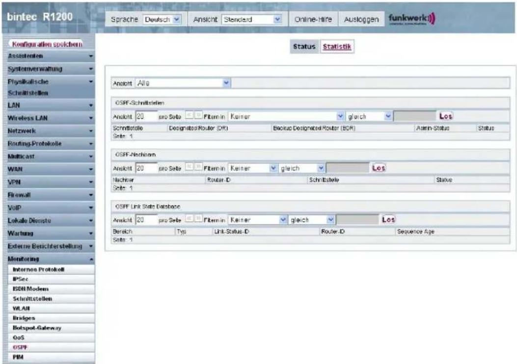 bintec R1200 Sprache Deutsch Ansicht Standard Online-Hire Ausloggen funkwerk) Konfiguration spolchem Assistenten Systemverwaltung Physikalkische Schniftstellen LAN Wireless LAN Netzwerk Routing-Protokolle Multicast WAN VPN Firewall VoIP Lokale Dienste Wartung Externe Besichterstellung Monitoring Internee Protokell IPSec ISDN Modem Schnittstellen WLAN Bridges Hotspot-Gateway Oos OSPF PIM Status Statistik Ansicht Alle OSPF-Schniftstellen Ansicht 20 pro Sete Filtrin Keiner gleich Los Schniftelle Designator Router (DR) Backup Designated Router (BOR) Asmin-Status Status Sete 1 OSPF-Nachborn Ansicht 20 pro Sete Filtrin Keiner gleich Los Nachter Router-D Schnifstelle Status Sete 1 OSPF Link State Database Ansicht 20 pro Sete Filtrin Keiner gleich Los Bereich Typ Link-Status-D Router-D Sequence Age Sete 1