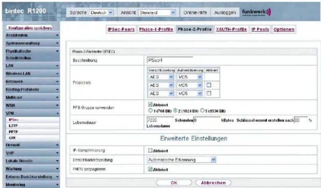 bintec R1200 Sprache Deutsch Ansicht Standard Online-Hire Ausloggen funkwerk Configuration spichern Assistenten Systemverwaltung Physikatische Schnittstellen LAN Wireless LAN Netzwerk Routing-Protokolle Multicast WAN VPN IPSec L2TP PPTP GPE Firewall VoIP Lokale Dienste Wartung External Berichterstellung Monitorung IPSec-Peers Phase-1-Profile Phase-2-Profile XAUTH-Profile IP Pools Optionen Phase-2-Parameter (IPSEC) Beschreibung IPSec-1 Proposals Verschlüsselung Authenltilienung Aktiviert AES MD5 AES MD5 AES MD5 PF8-Gruppe verwenden Aktiviert ○ 1 (768 Bit) ○ 2 (1024 Bit) ○ 5 (1536 Bit) Lebensdauer 7200 Sekunden 0 kBytes Schlüssel erneut erstellen nach 80 % Lebensdauer Erweiterte Einstellungen IP-Komprimierung Aktiviert Errichtbarkeitsprüfung Automatische Erkennung PMTU propagieren Aktiviert OK Abbrevchen