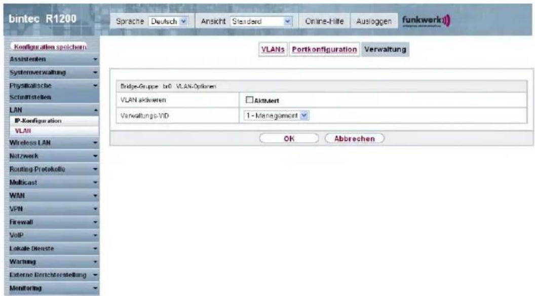 bintec R1200 Sprache Deutsch Ansicht Standard Online-Hilte Ausloggen funkwerkii Kontfiguration spolchem Assistenten Systemverwaltung Physikalische Schmittstellen LAN IP-Konfiguration VLAH Wireless LAN Netzwerk Routing Protokello Multicast WAN VPN Firewall VoIP Lokale Dienste Wartung Externe Berichterstellung Monitoring VLANs Portkonsfiguration Verwaltung Bridge-Gruppe brG VLAN-Optionen VLAN aktivieren Aktualert Verwaltungs-VID 1 - Management OK Abbrehen