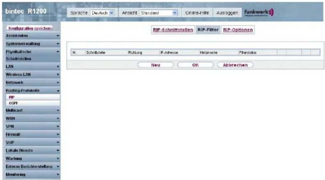bintec R1200 Sprache Deutsch Ansicht Standard Online-Hilte Ausloggen funkwerk) RIP-Schnittstellen RIP-Filter RIP-Optionen Nr. Schnittstelle Richtung IP-Adresse Netzsteke Filterstaue Neu OK Abbrechen
