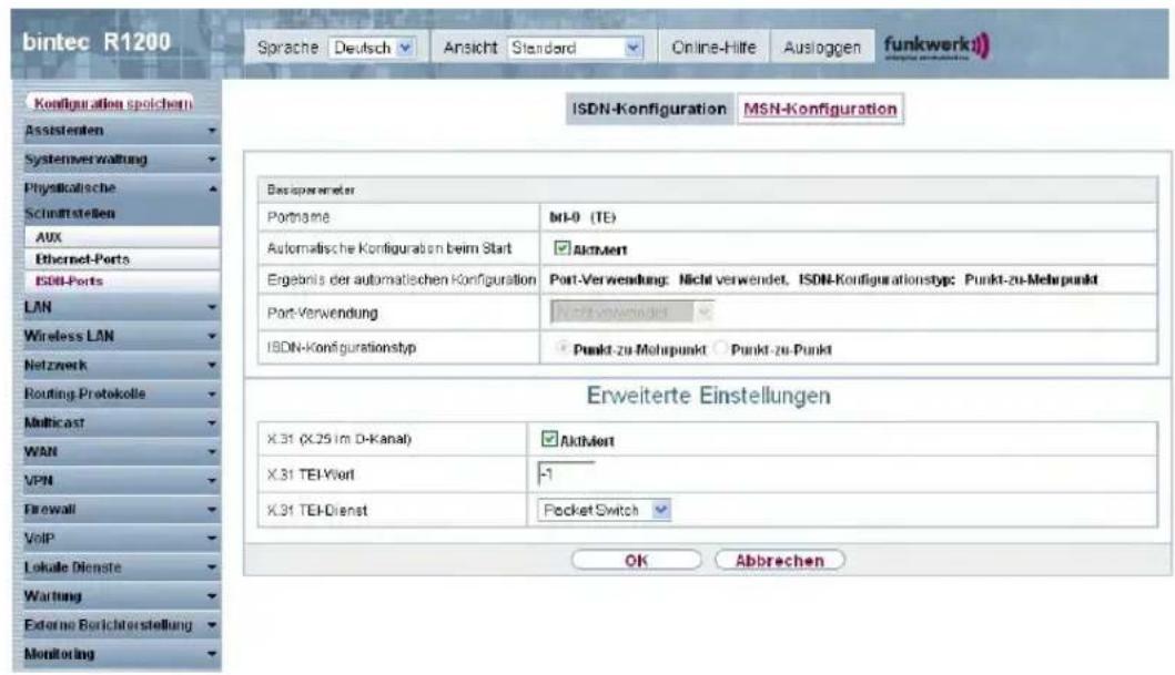 bintec R1200 Sprache Deutsch Ansicht Standard Online-Hilte Ausloggen funkwerk) Configuration spolchem Assistenten Systemverwaltung Physikatische Schmittstellen AUX Ethernet-Ports ISDN-Ports LAN Wireless LAN Netzwerk Routing Protokolle Multicast WAN VPN Firewall VoIP Lokale Dienste Wartung External Berichterstellung Monitoring ISDN-Konfiguration MSN-Konfiguration Basisparameter Portname mI-0 (TE) Automatische Konfiguration beim Start ✓ Aktivort Ergebnis der automatischen Konfiguration Port-Verwendung: Nicht verwendet, ISDN-Konfigurationstyp: Punkt-zu-Mehrpunkt Port-Verwendung ✓ Punkt-zu-Mehrpunkt ✓ Punkt-zu-Punkt ISDN-Konfigurationstyp ✓ Punkt-zu-Mehrpunkt ✓ Punkt-zu-Punkt Erweiterte Einstellungen X.31 (X.25 im D-Kanal) ✓ Aktivort X.31 TEI-Vort -1 X.31 TEI-Dienst ✓ Pocket Switch ✓ OK Abbrevchen