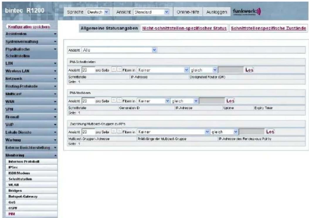 bintec R1200 Sprache Deutsch Ansicht Standard Online-Hire Ausloggen funkwerk Allgemeine Statusangaben Nicht-schnittstellen-spezifischer Status Schnittstellenspezifische Zustände Anschl Altg PM-Schnittstellen Ansicht 20 pro Sete Filmin Keiner glauch Los Schnittstelle P-Adresse Designated Router (DF) Sete 1 PM-Nachborn Ansicht 20 pro Sete Filmin Keiner gleich Los Schnittstelle Generation D IP-Adresse Uxline Expiry Timer Sete 1 Zuordnung Multicast-Gruppen zu RPs Ansicht 20 pro Sete Filmin Keiner gleich Los Multicast-Gruppen-Adresse PraktiBinge der Multicast-Gruppe IP-Adresse des Fennelzvous Points Sete 1 Komfiguration speichern Assistenten Systemverwaltung Physikalische Schnittstellen LAN Wireless LAN Netzwerk Routing-Protokolle Multicast WAN VPN Firewall VoIP Lokale Dienste Warung Externe Berichterstellung Monitoring Internos Protokell IPSec ISDN Modem Schnittstellen WLAN Bridges Hotspot-Gateway OOS OSPF FIM