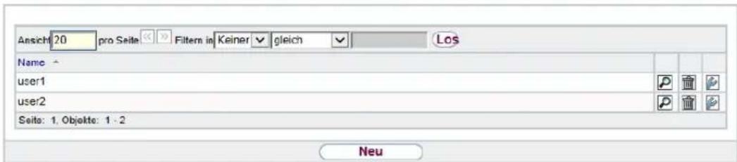 Ansicht: 20 pro Seite Filter in Keiner gleich Los Name user1 user2 Seite: 1, Objekte: 1 - 2 Neu