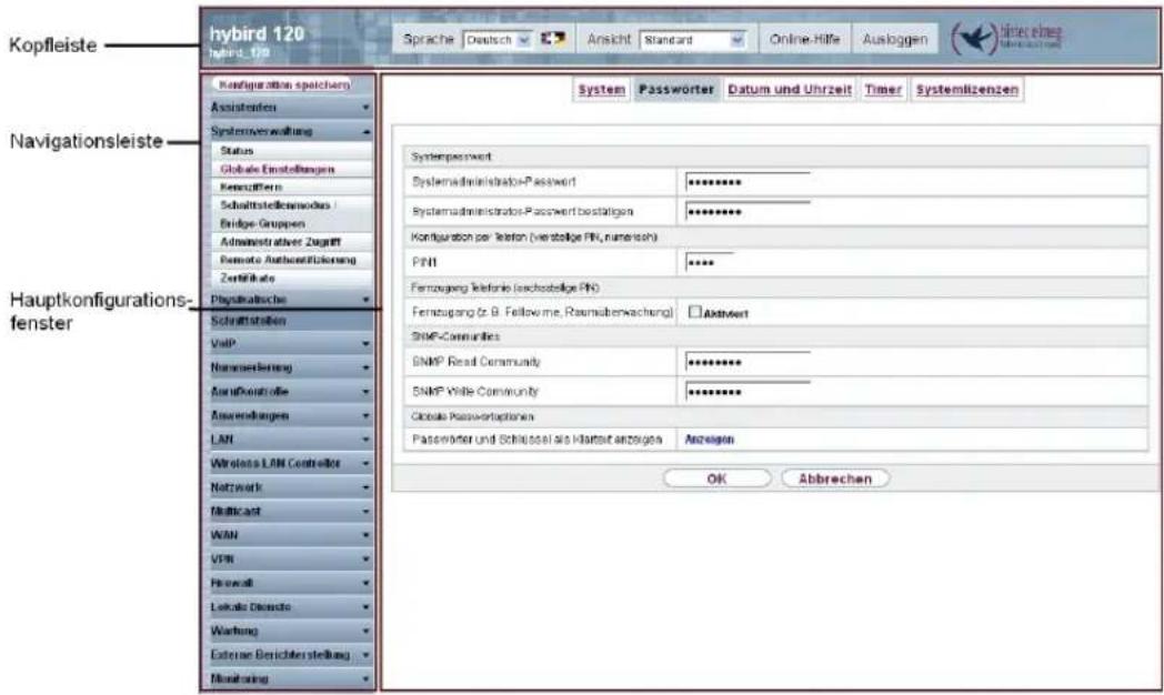 Kopfleiste hybird 120 hybird_120 Sprache Deutsch Ansicht Standard Online-Hilfe Ausloggen Inter eines Ko#figuration speichern Assistenden Systemverwaltung Status Globale Einstellungen Konzuführen Schmittstellenmoder / Bridge-Gruppen Administrativer Zugriff Remote Authentication Zertifikate Physiknische Schaßstrahlen VoIP Nomenclierung Asurkontrolle Anwendungen LAN Wieler's LAN Controller Network Multicast WAN VPN Forward Lekale Diensite Wertung External Berichter stellung Monitoring System Password Systemadministration-Password ********** Systemadministration-Password bestätigen ********** Kontiguration per Telefon (verstellige FRI, numerisch) PINT ****** Fernzugung Telefonie (sachstellige FRI) Fernzugung (z. B. Followome, Raumüberwachung) Abkunft SNMP-Communities SNMP Read Community ********** SNMP Write Community ********** Global Passvortoptionen Passwörter und Schlüssel als Härkseit anzeigen Anzeigen OK Abbrechen