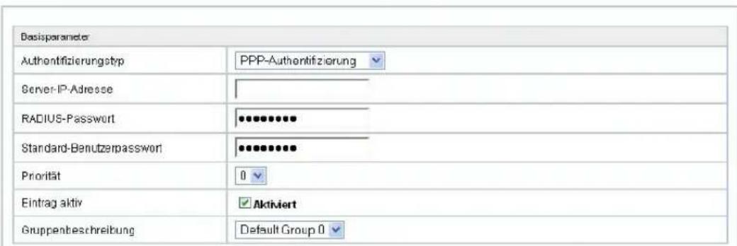 Basisparameter Authentifizierungstrip PPP-Authentifizierung Server-IP-Adresse RADIUS-Password •••••••••• Standard-Benutzerpasswort •••••••••• Priorität 0 Eintrag aktiv •Aktiviert Gruppenbeschreibung Default Group 0