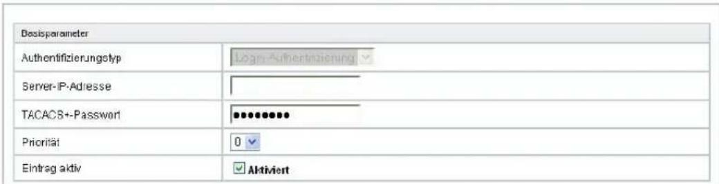 Dosisparameter Authentifizierungtyp Login-Aufenthansierung Server-IP-Adresse TACACS+Password Priorität 0 Eintrag aktiv Aktiviert