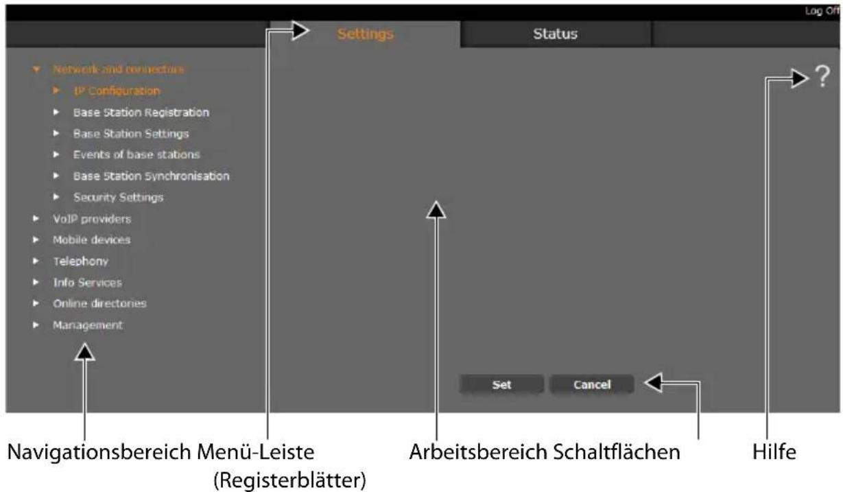 Settings Status Network and connections IP Configuration Base Station Registration Base Station Settings Events of base stations Base Station Synchronisation Security Settings VoIP providers Mobile devices Telephony Info Services Online directories Management Navigationsbereich Menü-Leiste (Registerblätter) Arbeitsbereich Schaltflächen Set Cancel Hilfe ?
