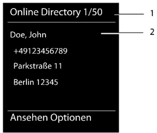 Online Directory 1/50 Doe, John +49123456789 Parkstraße 11 Berlin 12345 Ansehen Optionen 1 2