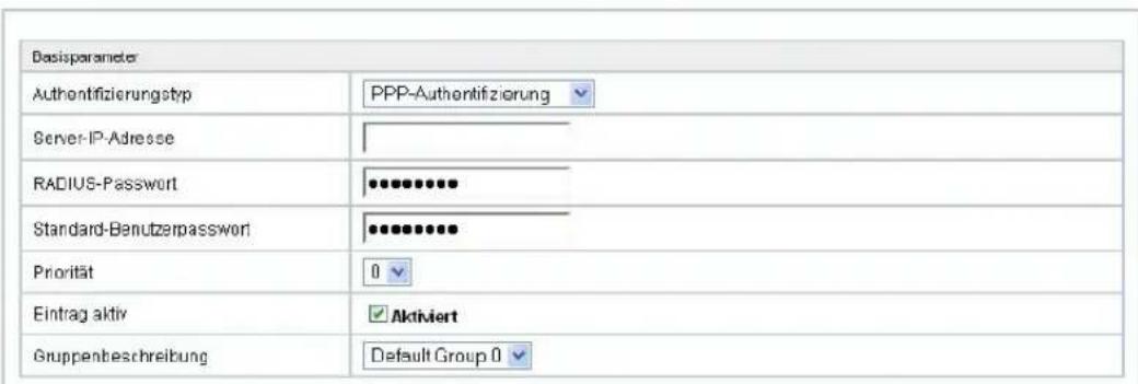 Dasisparameter Authentifizierungstrip PPP-Authentifizierung Server-IP-Adresse RADIUS-Password •••••••••• Standard-Benutzerpasswort •••••••••• Priorität 0 Eintrag aktiv •Aktiviert Gruppenbeschreibung Default Group 0