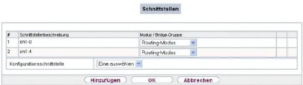 Schnittstellen Schnittstellerbeschreibung Modus / Bridge-Gruppe 1 en1-0 Routing-Modus 2 en1-4 Routing-Modus Kofigurationsschnittstelle Eine auswählen Hinzufügen OK Abbrechen