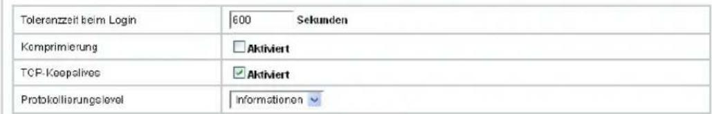Toleranzeit beim Login 600 Sekunden Komprimierung Aktiviert TCP-Keopalives Aktiviert Protokolliarungslevel informationen