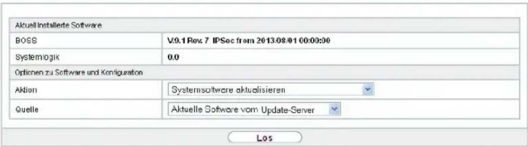 Aktuell Installierte Software BOSS V9.1 Rev. 7 IPSoc from 2013/08/01 00:00:00 Systemlogik 0.0 Optionen zu Software und Konfiguration Aktion Systemsoftware aktualisieren Quelle Aktuelle Software vom Update-Server Los