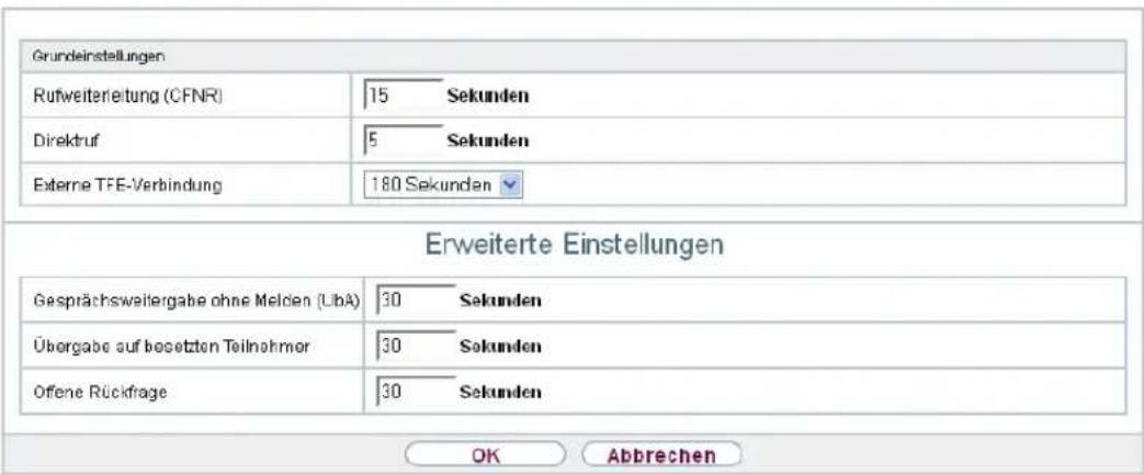 Grundeinstellungen Rufweiterleitung (CFNR) 15 Sekunden Direktruf 5 Sekunden Externe TFE-Verbindung 180 Sekunden Erweiterte Einstellungen Gesprächsweitergabe ohne Melden (LibA) 30 Sekunden Übergabe auf besetzten Teilnehmer 30 Sekunden Offene Rückfrage 30 Sekunden OK Abbrechen