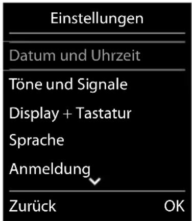 Einstellungen Datum und Uhrzeit Töne und Signale Display + Tastatur Sprache Anmeldung Zurück OK