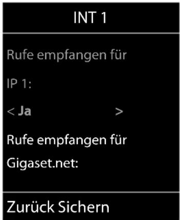 INT 1 Rufe empfangen für IP 1: < Ja > Rufe empfangen für Gigaset.net: Zurück Sichern
