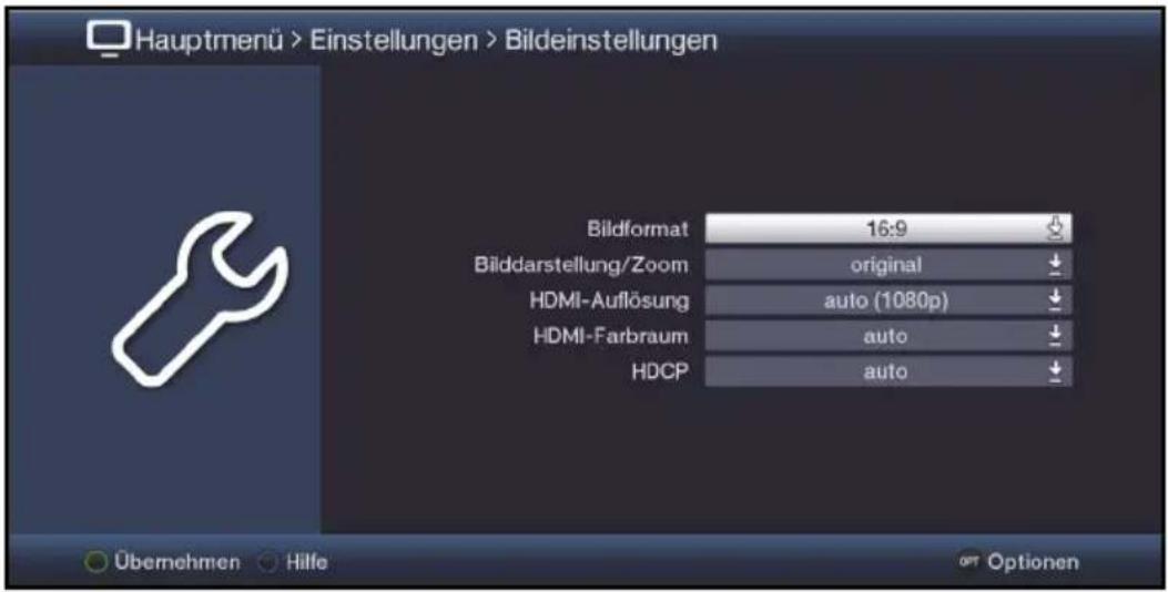 Hauptmenü > Einstellungen > Bildeinstellungen Bildformat 16:9 Bilddarstellung/Zoom original HDMI-Auflösung auto (1080p) HDMI-Farbraum auto HDCP auto Übernehmen Hilfe opt Optionen