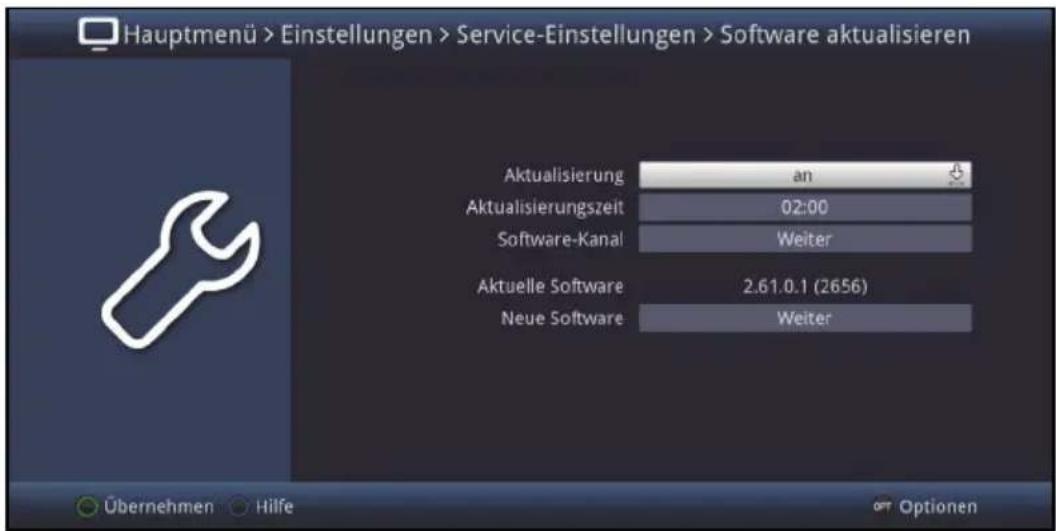 Hauptmenü > Einstellungen > Service-Einstellungen > Software aktualisieren Aktualisierung an Aktualisierungszeit 02:00 Software-Kanal Weiter Aktuelle Software 2.61.0.1 (2656) Neue Software Weiter Übernehmen Hilfe OFF Optionen