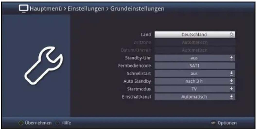 Hauptmenü > Einstellungen > Grundeinstellungen Land Deutschland Zeitzone Automatisch Datum/Uhrzeit Automatisch Standby-Uhr aus Fernbediencode SAT1 Schnellstart aus Auto Standby nach 3 h Startmodus TV Einschaltkanal Automatisch Übernehmen Hilfe Optionen