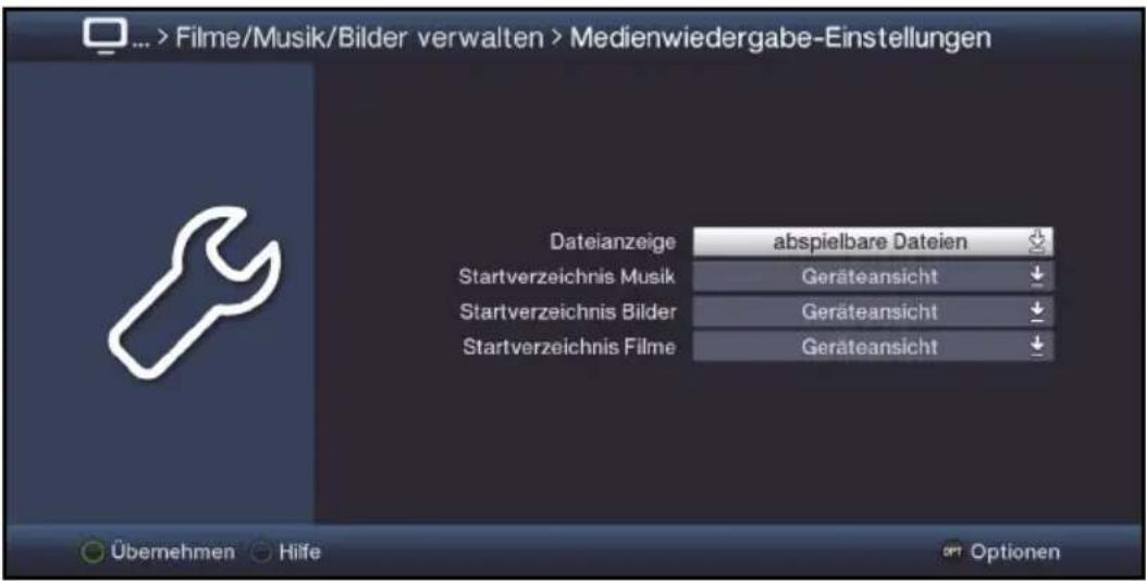 ... > Filme/Musik/Bilder verwalten > Medienwiedergabe-Einstellungen Dateianzeige abspielbare Dateien Startverzeichnis Musik Geräteansicht Startverzeichnis Bilder Geräteansicht Startverzeichnis Filme Geräteansicht Übernehmen Hilfe Optionen