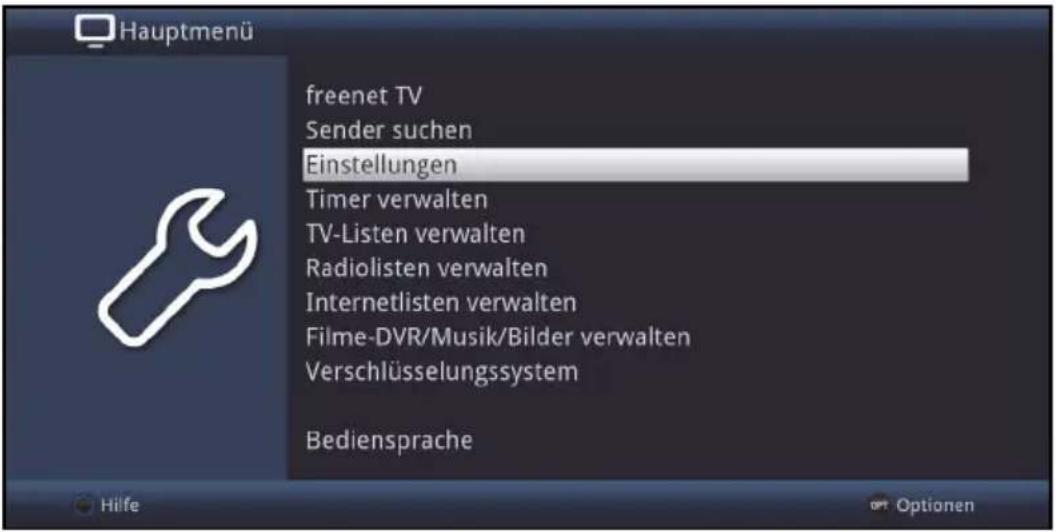 Hauptmenü freenet TV Sender suchen Einstellungen Timer verwalten TV-Listen verwalten Radiolisten verwalten Internetlisten verwalten Filme-DVR/Musik/Bilder verwalten Verschlüsselungssystem Bediensprache Hilfe opt Optionen