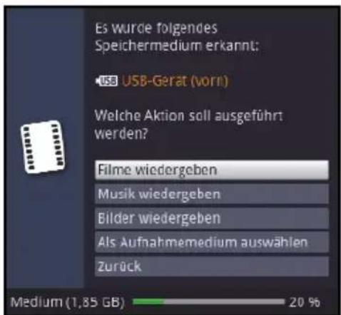 Es wurde folgendes Speichermedium erkannt: USB USB-Gerat (vorn) Welche Aktion soll ausgeführt werden? Filme wiedergeben Musik wiedergeben Bilder wiedergeben Als Aufnahmemedium auswählen Zurück Medium (1,85 GB) 20 %